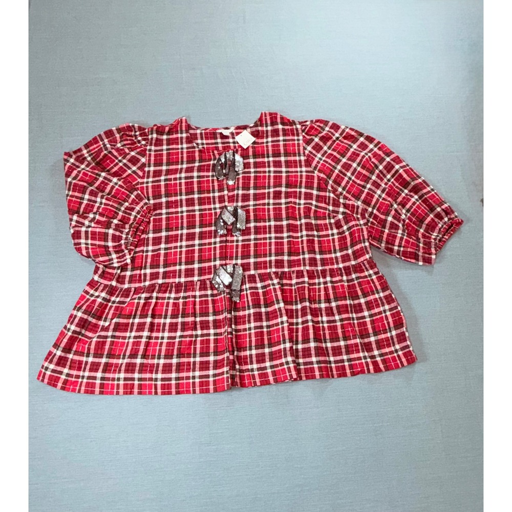 Cato Plus Red Plaid Lurex Sequin Bow Peplum Blouse Top 26/28W NWT